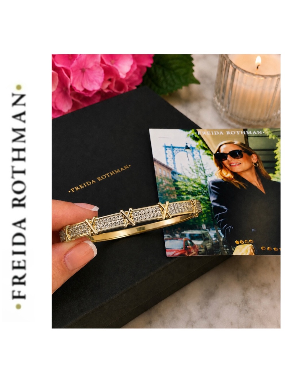 Freida Rothman Vault Gold-Tone Brass Cubic Zirconia X-Motif Oval Bangle Bracelet